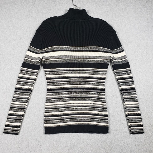 New York & Company Womens Black Metallic Striped Turtleneck Sweater M Chic Edgy - Picture 2 of 7